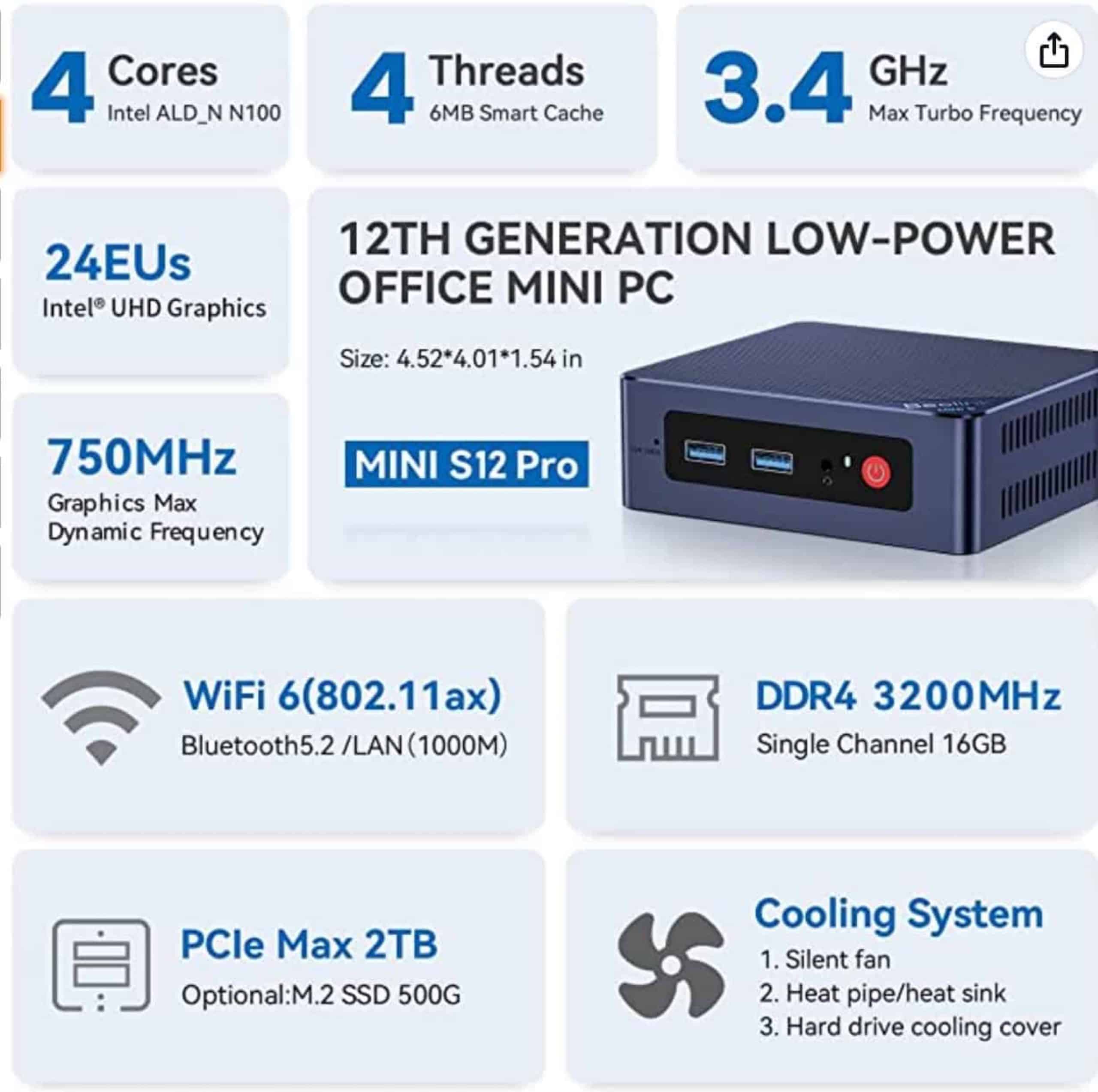 GEEKOM Mini PC Mini Air12, Intel 12th Gen Alder Lake N100 (up to