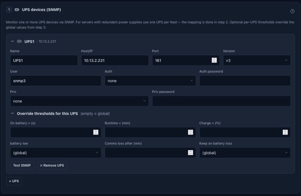 Proxmox SNMP UPS setup interface with IP, port, and version details.