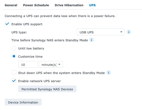 Configuring UPS support for Proxmox with Synology NAS standby mode.