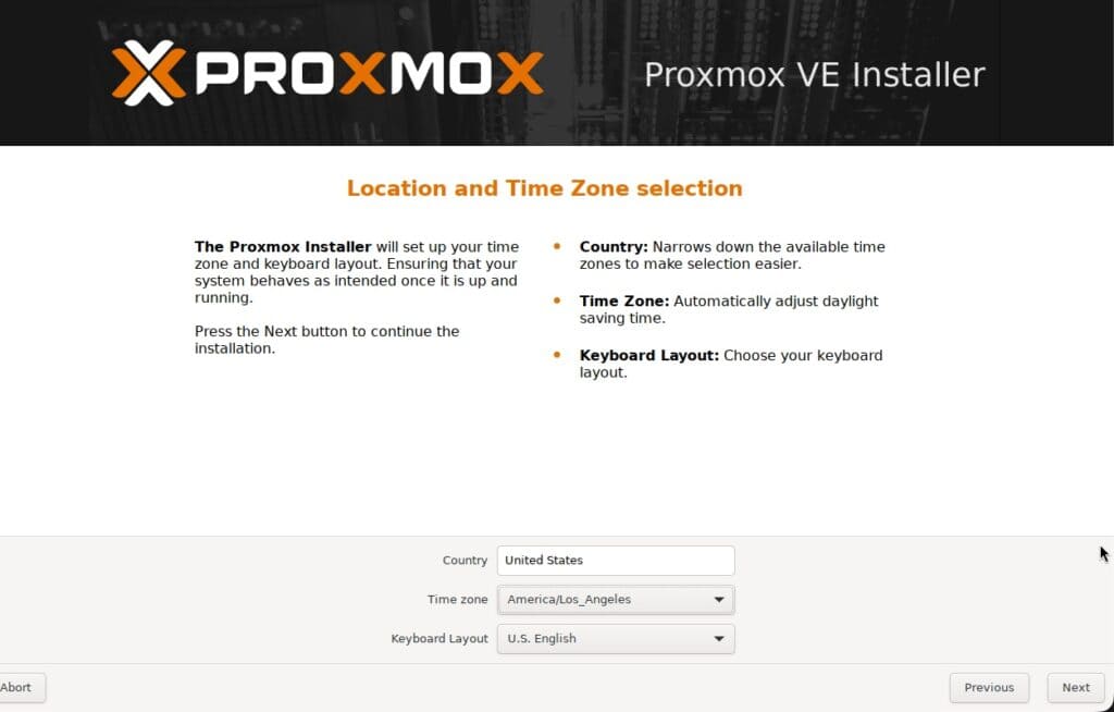 Proxmox VE installer screen showing location and time zone options.