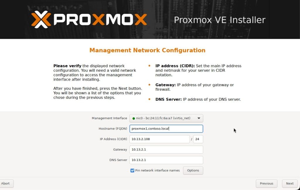 Proxmox VE network setup interface with IP, gateway, and DNS fields.
