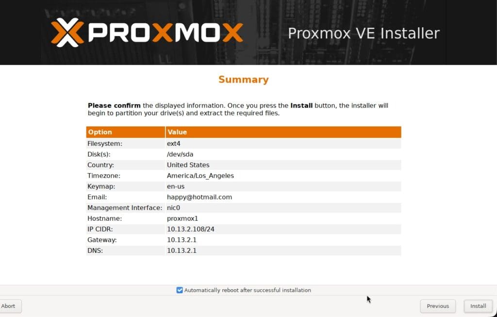 Proxmox VE 9.2 installer interface with partition options and network details.