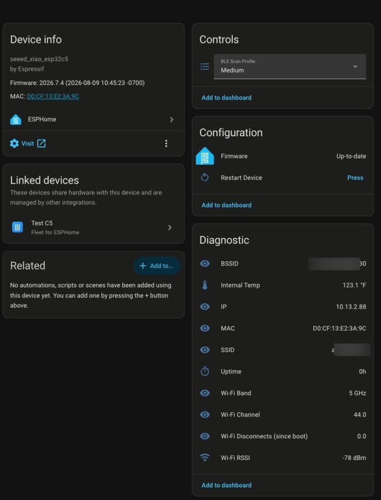 Device info and diagnostic screen for Seeed Studio Xiao ESP32-C5 with firmware details.