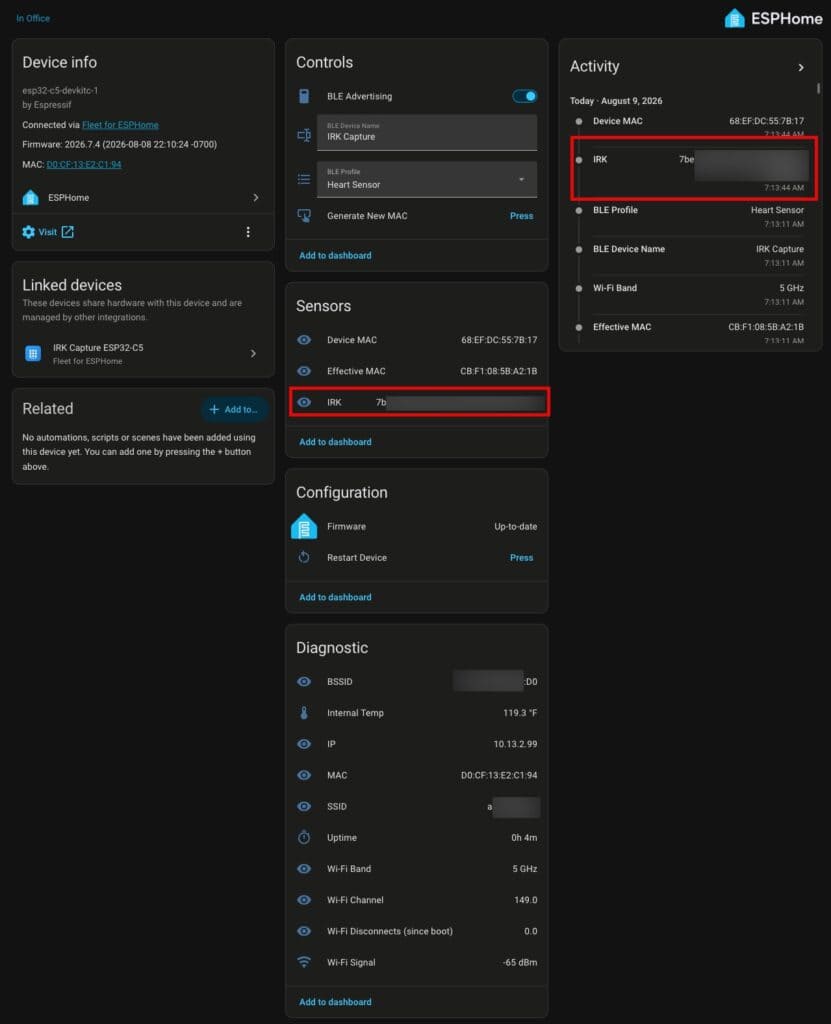 ESPHome Bluetooth IRK Capture configuration screen with controls and activity details.