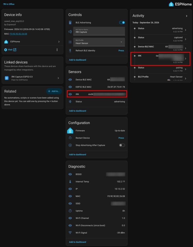 Screenshot of ESPHome device dashboard showing Bluetooth IRK capture and sensor data.