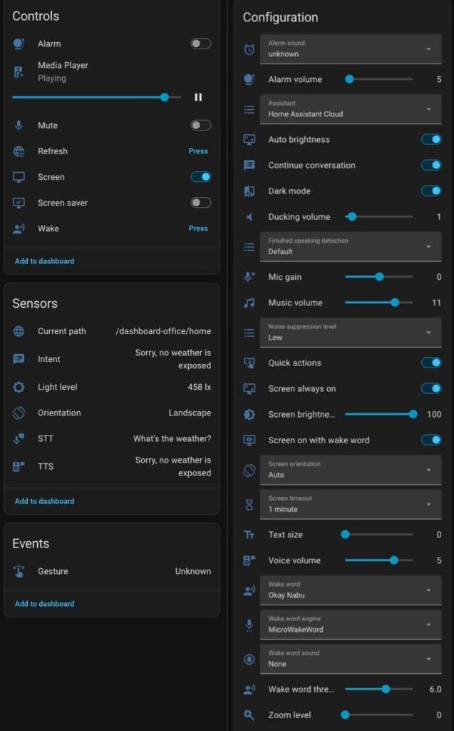 Configuration screen of Home Assistant on Echo Show device.