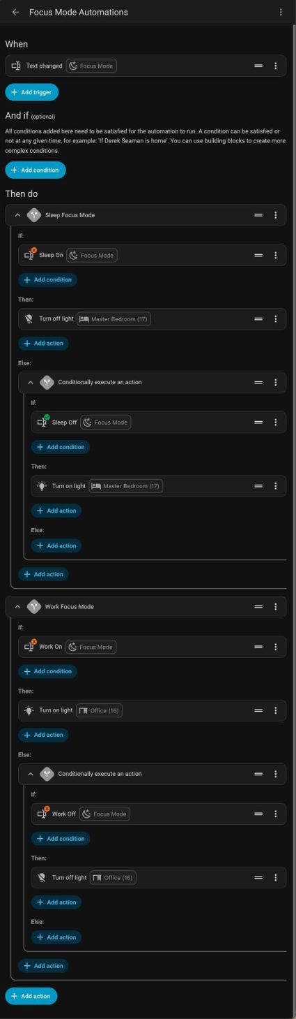 Screenshot of iOS Focus Mode automations in Home Assistant app.