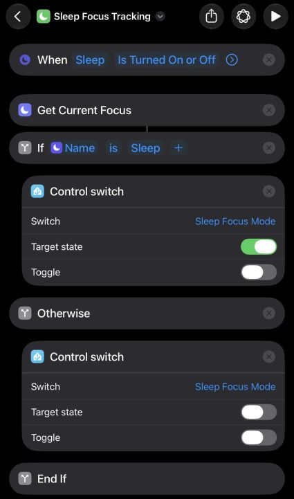 Screenshot of iOS Focus Mode automation setup in Home Assistant app.
