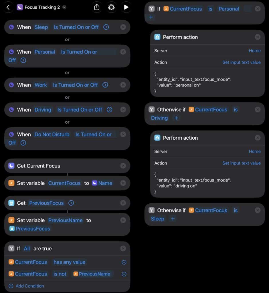 Screenshot of Home Assistant automations for iOS Focus Mode.