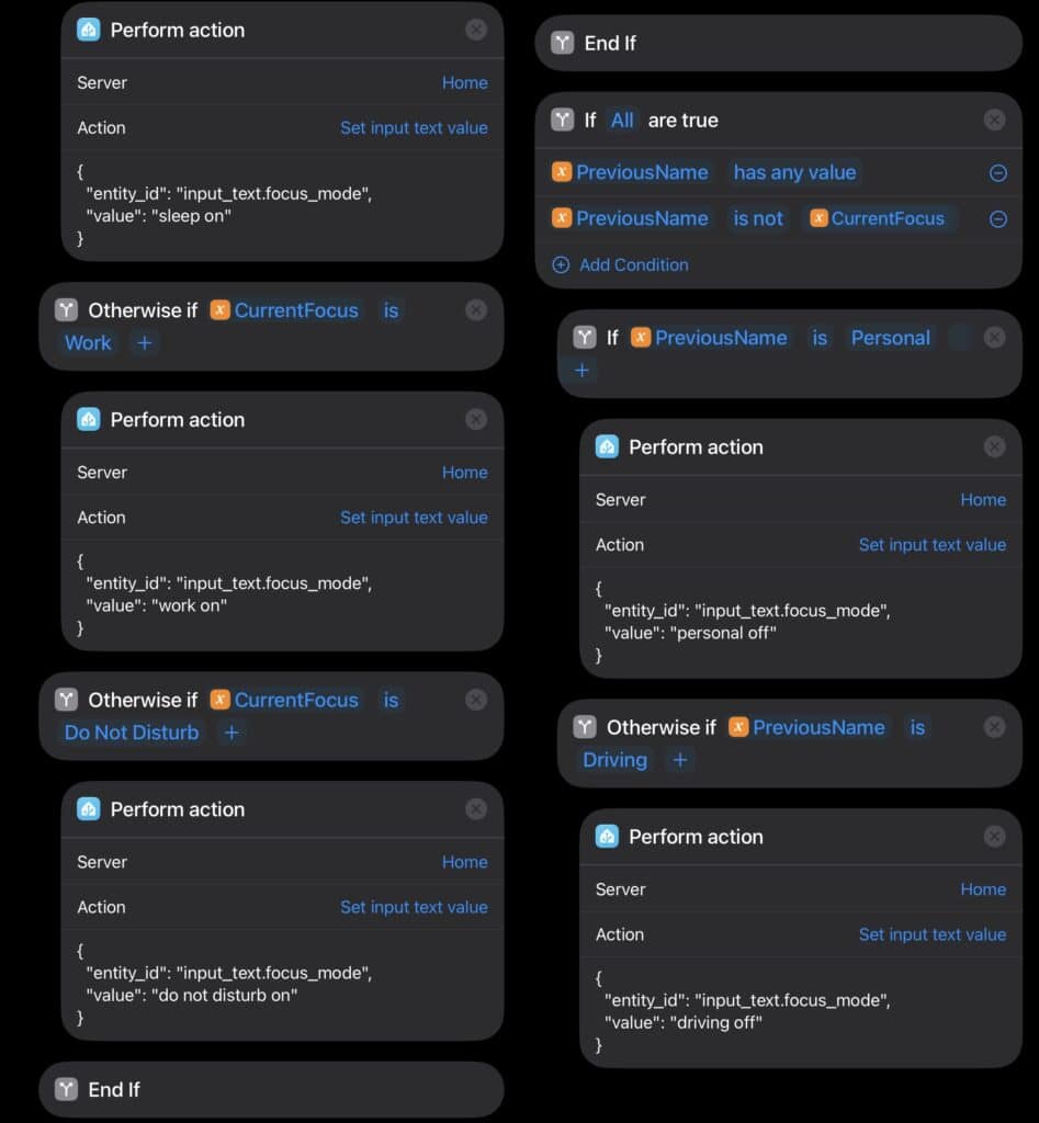 Screenshot of iOS Focus Mode automations in Home Assistant app.