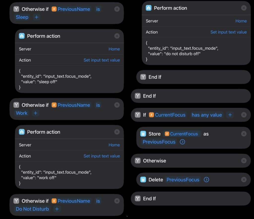 Screenshot of Home Assistant automations for iOS Focus Mode.