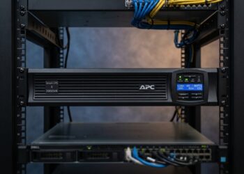 APC UPS with digital display installed in server rack for power backup.