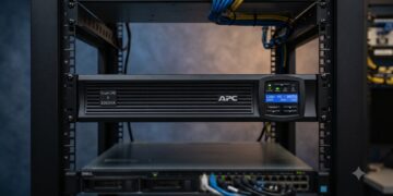 APC UPS with digital display installed in server rack for power backup.